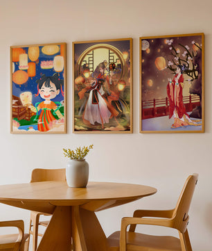 Art décoratif de style asiatique avec des lanternes et des personnages en vêtements traditionnels