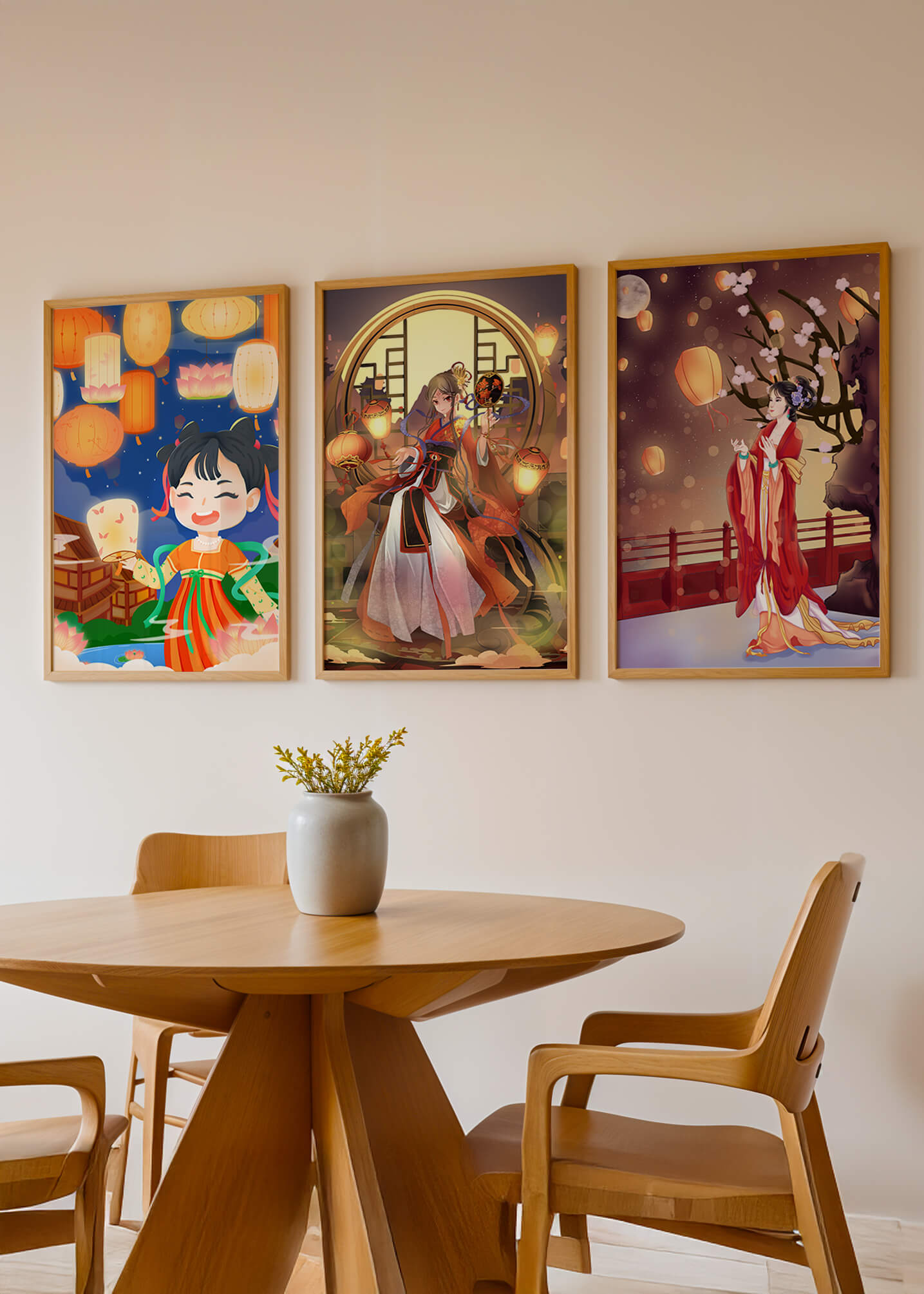 Art décoratif de style asiatique avec des lanternes et des personnages en vêtements traditionnels