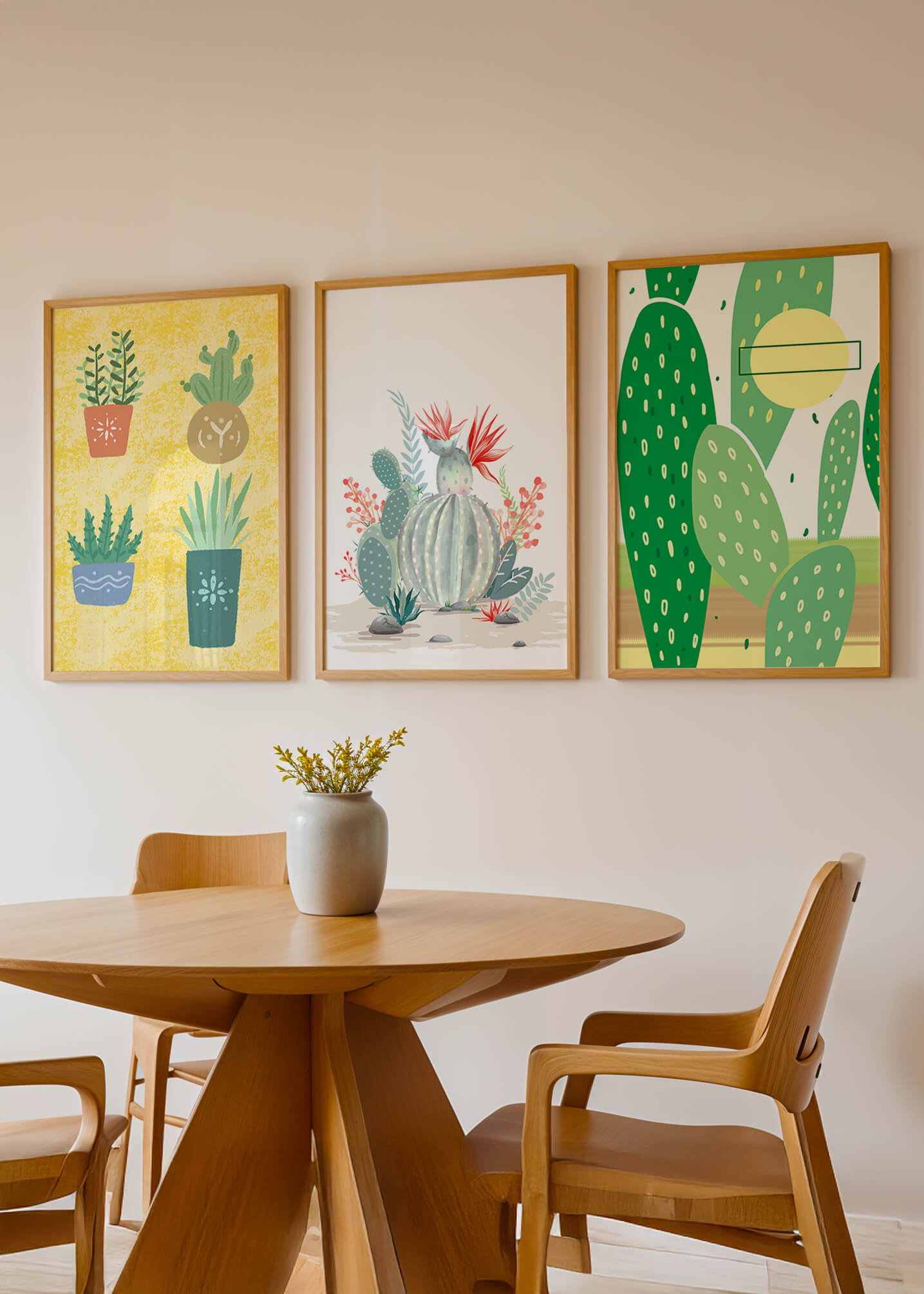 Conjunto de Ilustraciones de Cactus en Marcos de Madera en Pared Clara