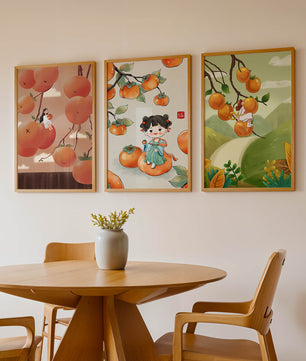 Illustrations de fruits avec des filles sur un fond en bois