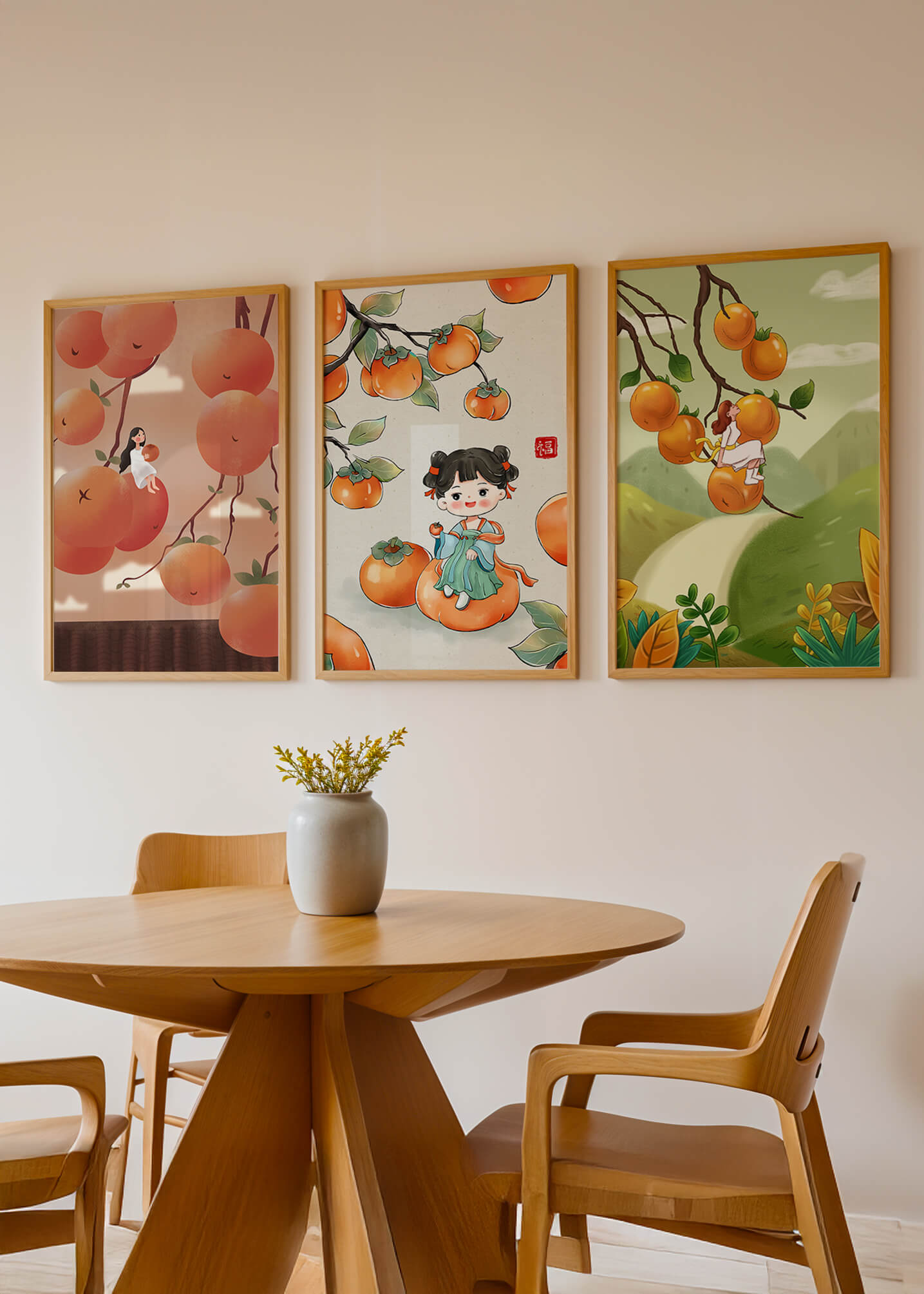 Illustrations de fruits avec des filles sur un fond en bois