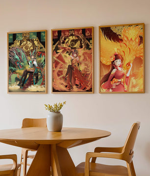 Fantasievolle Illustrationen mit mythologischen Motiven in leuchtenden Farben