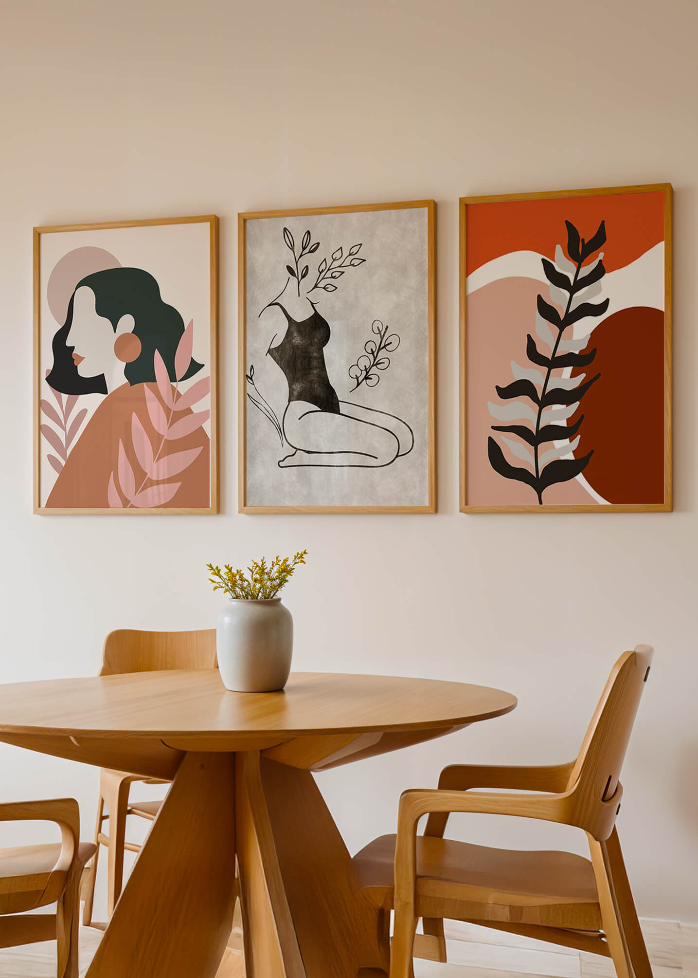 Triptyque d'art minimaliste dans des tons terreux