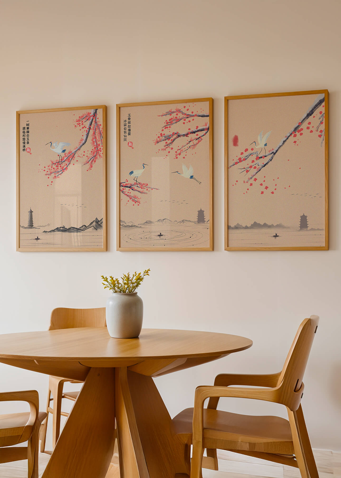 Conjunto De Arte Oriental Con Grullas Y Flores De Cerezo