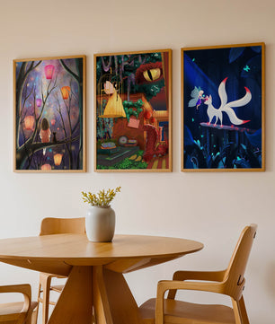 Triptyque d’art fantastique avec des illustrations colorées et oniriques