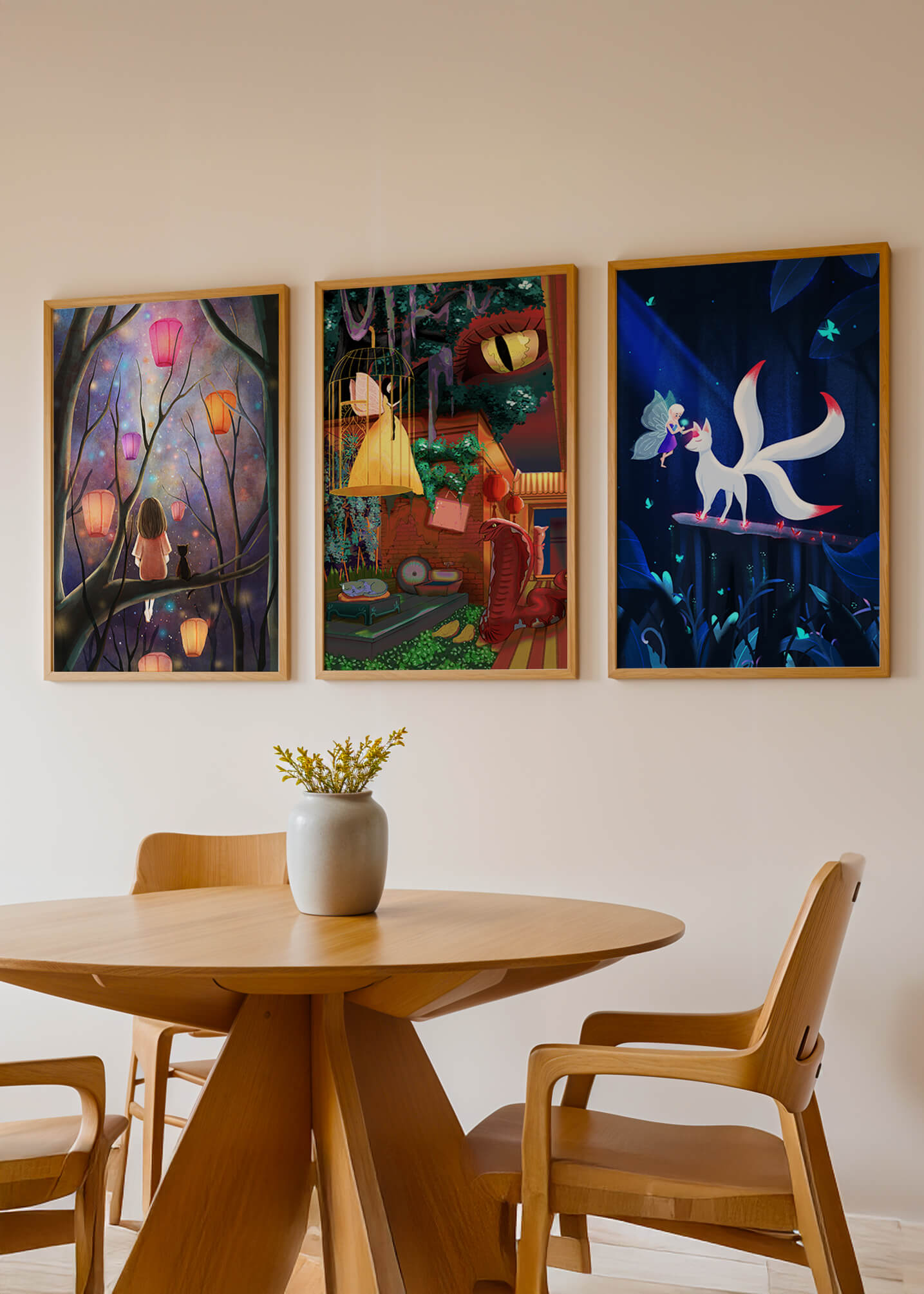 Triptyque d’art fantastique avec des illustrations colorées et oniriques