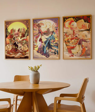 Triptyque d'art fantastique avec des personnages imaginaires