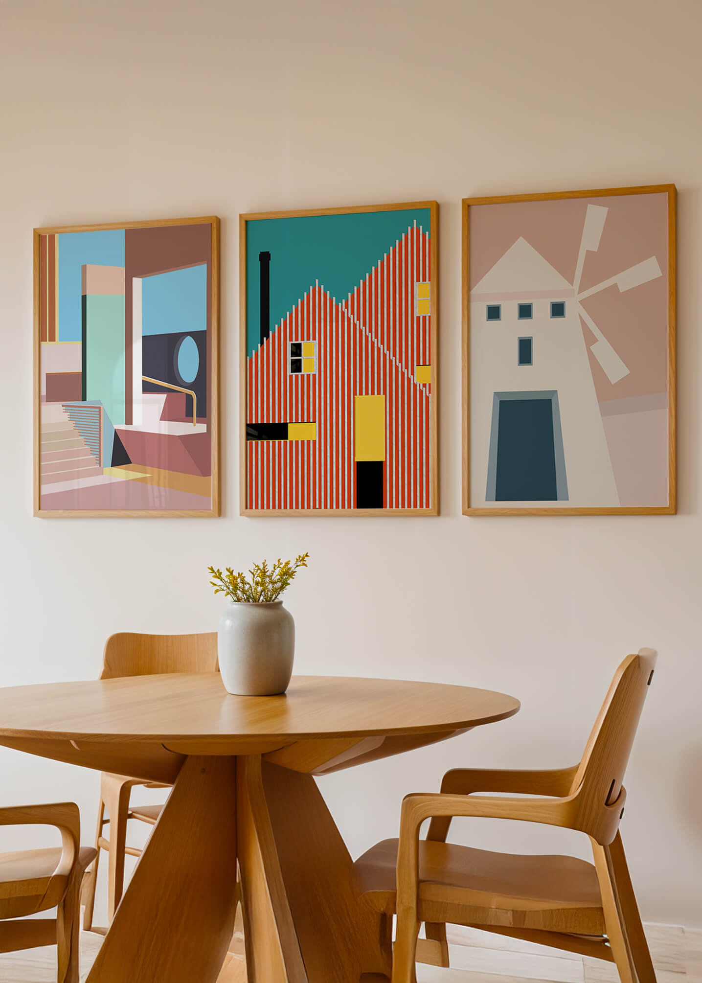 Œuvres d'art moderne avec design architectural dans un environnement minimaliste