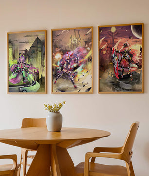 Trio d’illustrations futuristes dans des cadres de couleur claire