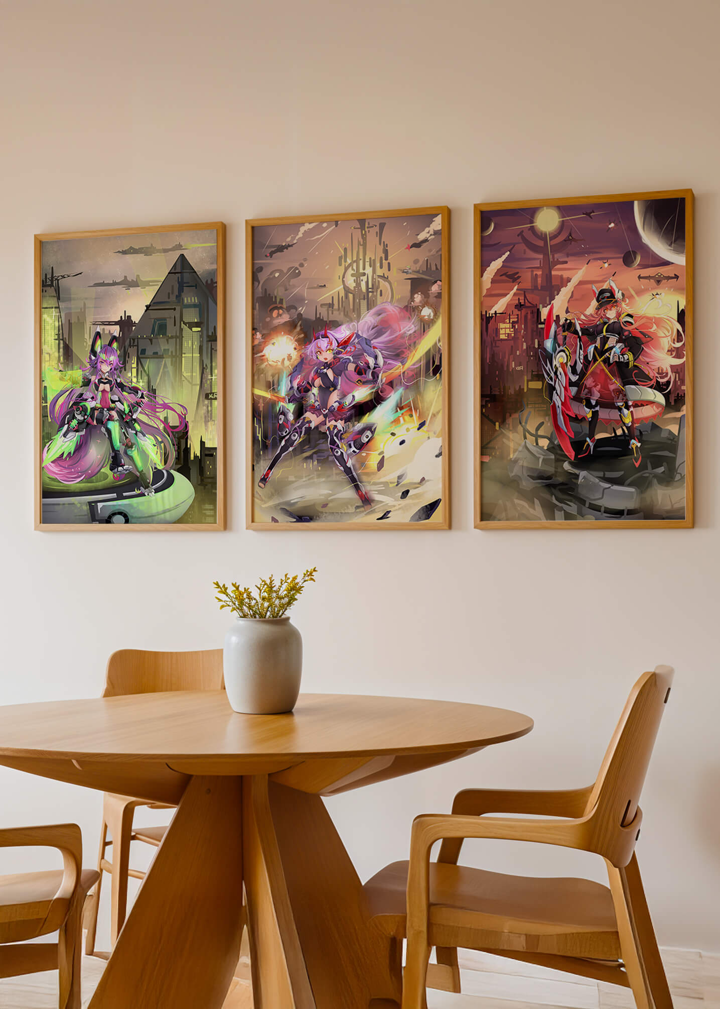 Trio d’illustrations futuristes dans des cadres de couleur claire