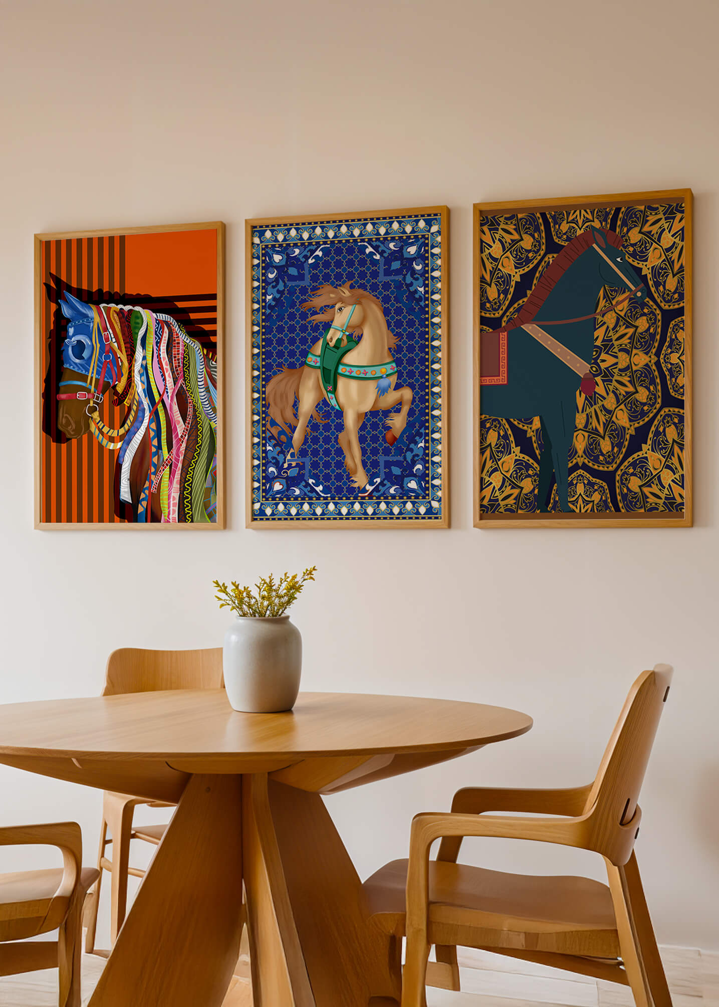 Mur avec trois tableaux de chevaux aux motifs colorés sans cadre