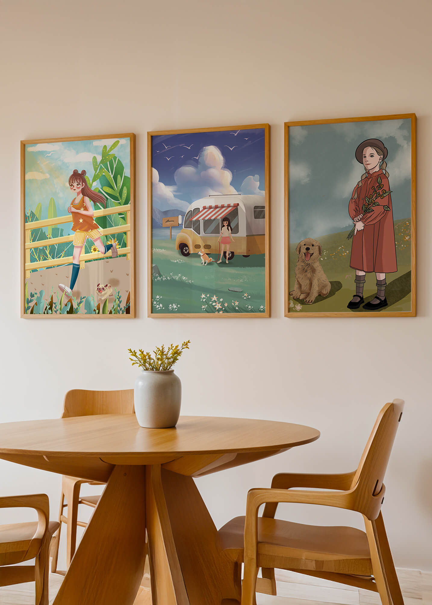 Conjunto de cuadros ilustrativos sin marco en ambiente moderno