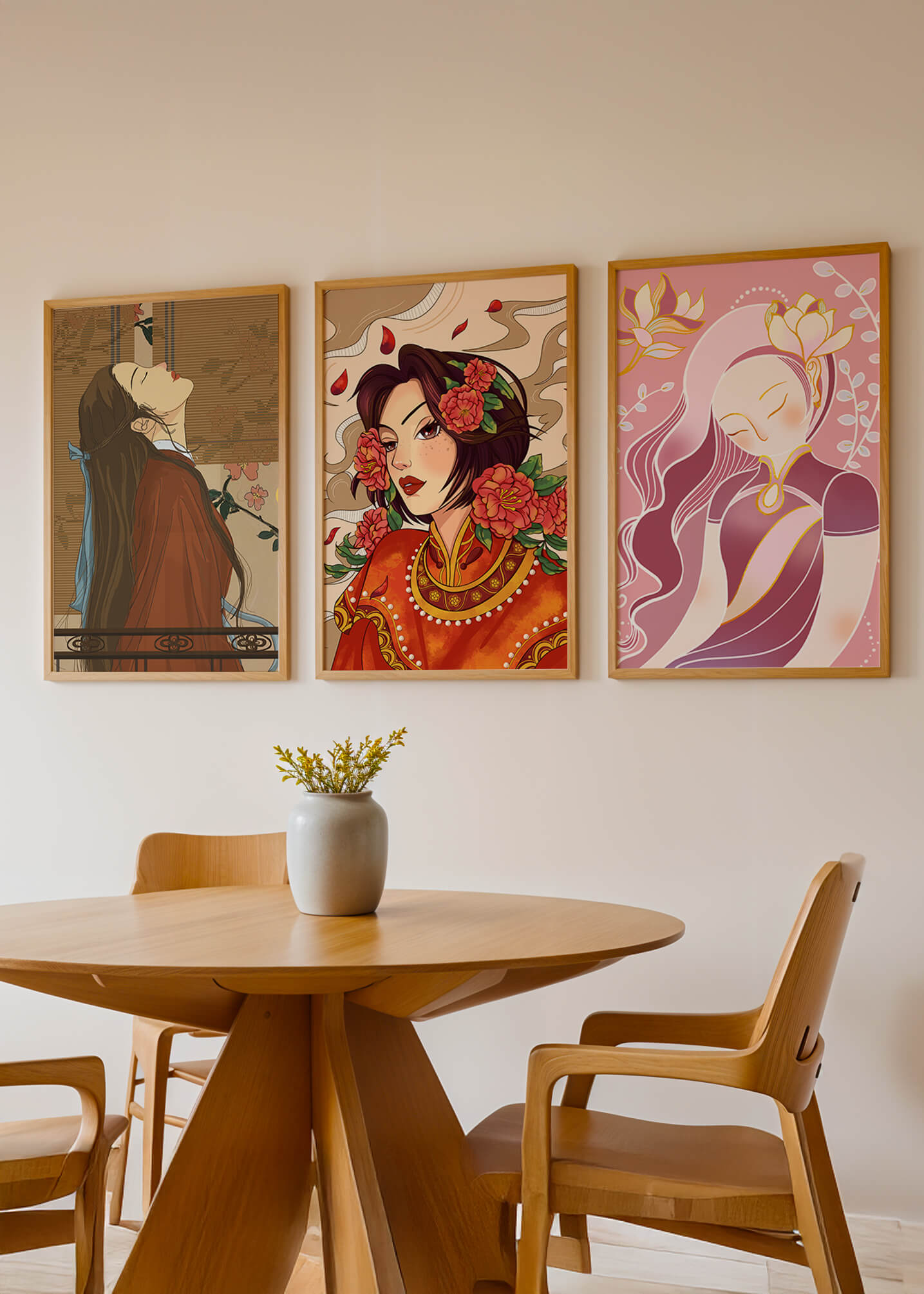 Conjunto de Ilustraciones de Estilo Asiático Presentadas Sin Marco en Fondo Claro