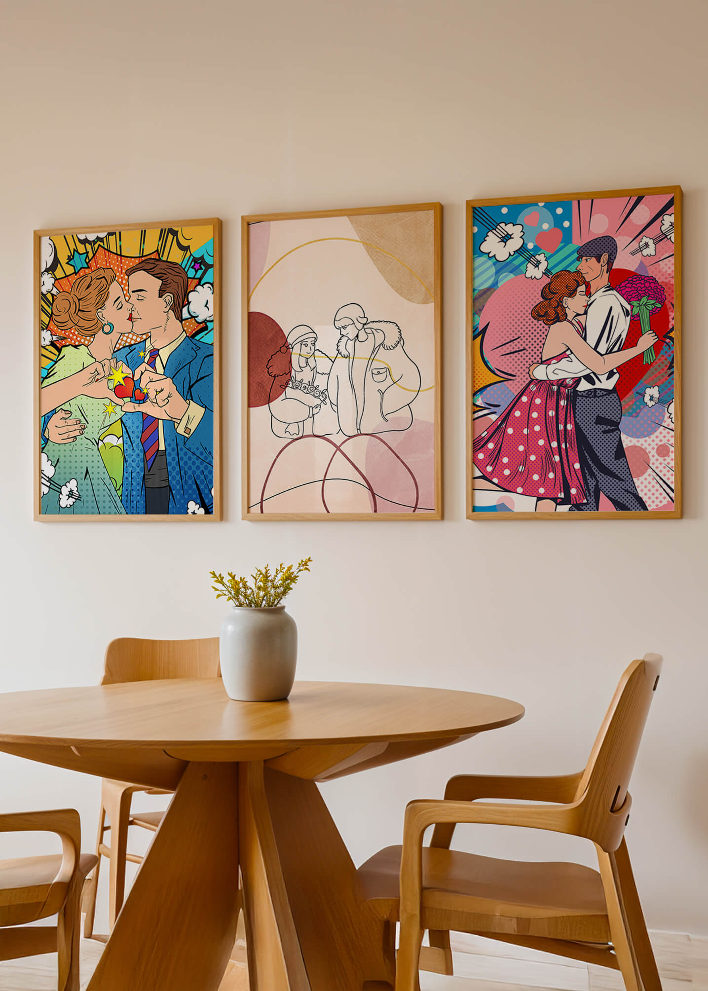 Conjunto De Obras De Arte De Parejas En Estilo Pop Art Y Línea