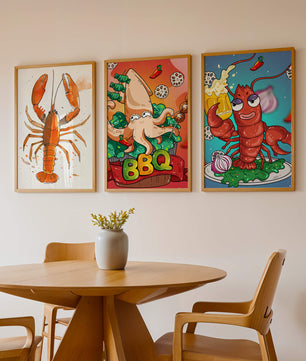 Affiches de fruits de mer amusants dans un style illustratif