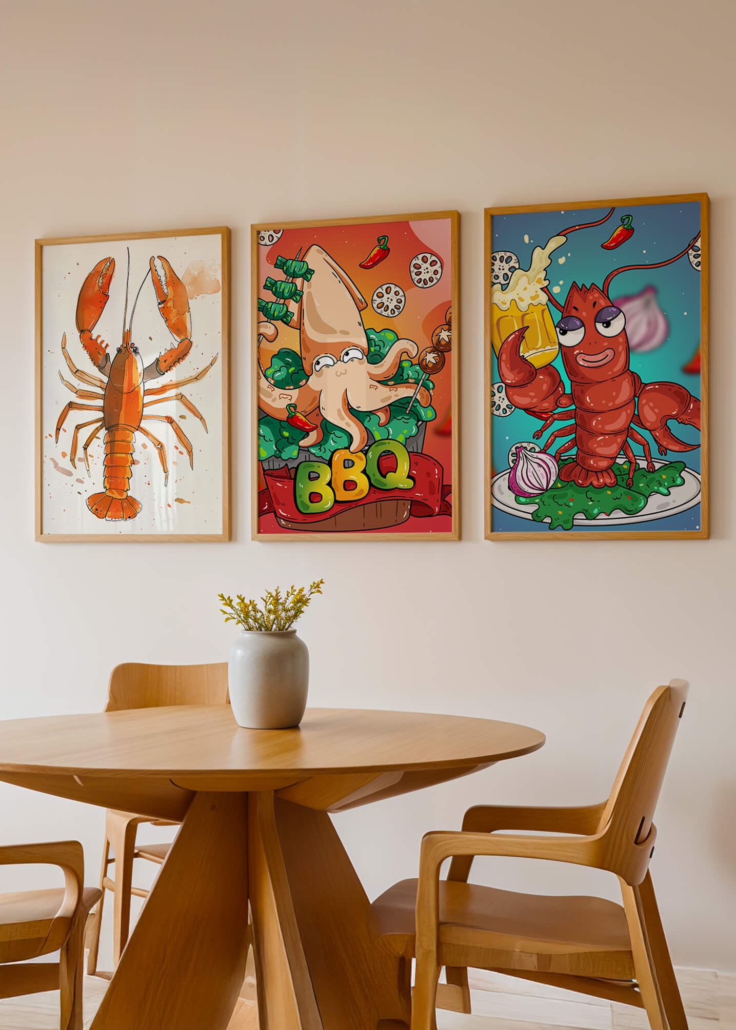 Affiches de fruits de mer amusants dans un style illustratif