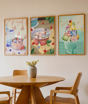 Triptyque coloré d’art culinaire pour enfants sur mur