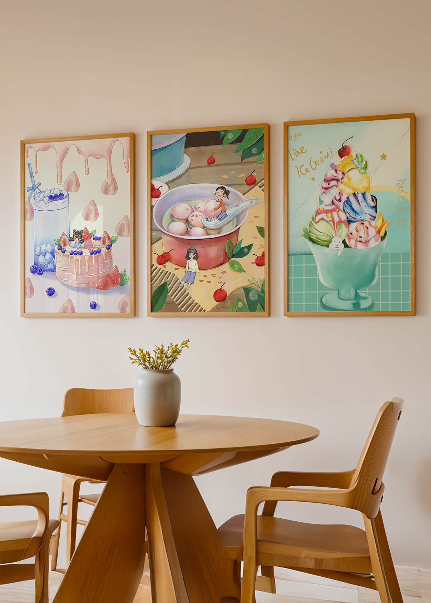 Tríptico Colorido de Arte Culinario Infantil en Pared