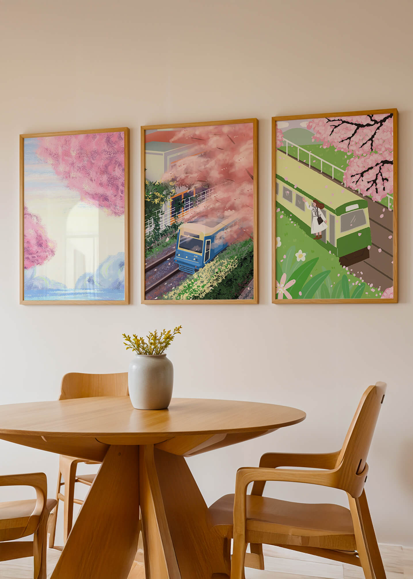 Ensemble de trois tableaux avec des paysages de cerisiers et des trains