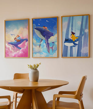 Tableaux fantastiques avec des baleines volantes pour décoration enfantine