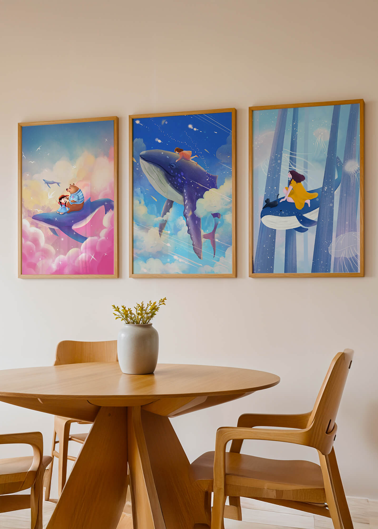 Tableaux fantastiques avec des baleines volantes pour décoration enfantine