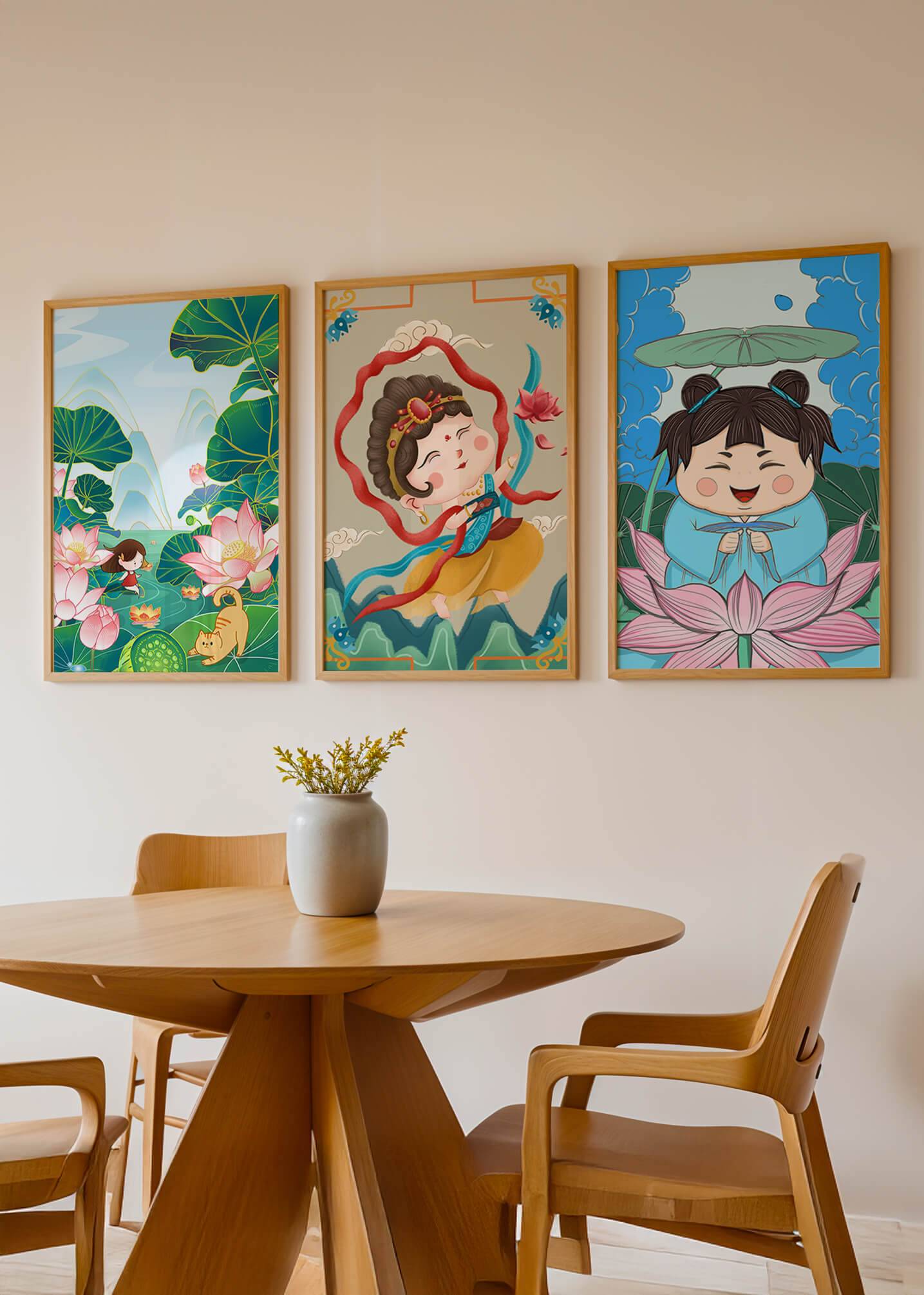 Ensemble d’illustrations de personnages adorables et de motifs floraux dans des tons vibrants