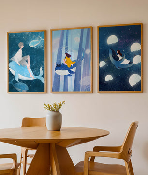 Ensemble d'illustrations de baleines volantes et de figures humaines dans un environnement cosmique