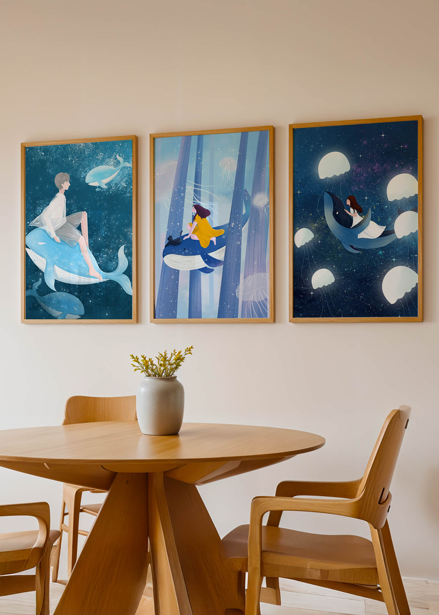 Ensemble d'illustrations de baleines volantes et de figures humaines dans un environnement cosmique