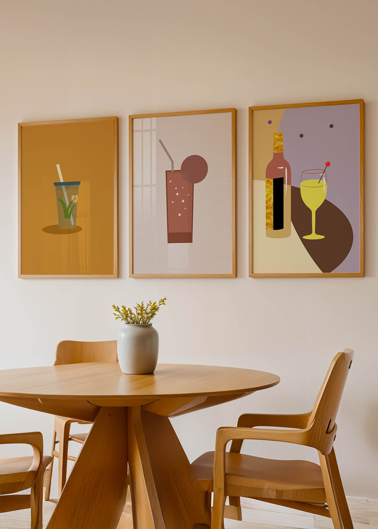 Illustrations minimalistes de boissons dans des cadres en bois