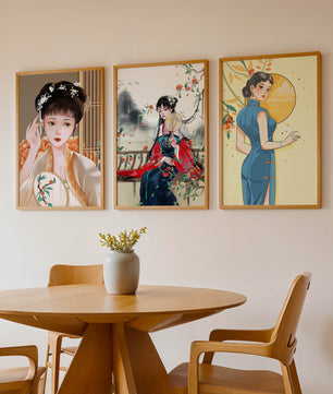 Art numérique avec motifs asiatiques et illustrations de femmes