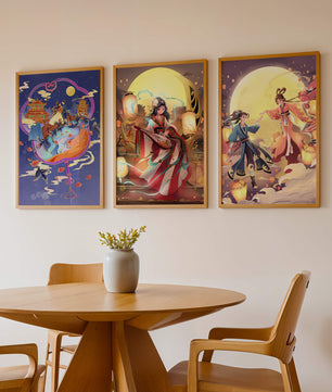 Triptyque de posters à thème oriental et pleine lune
