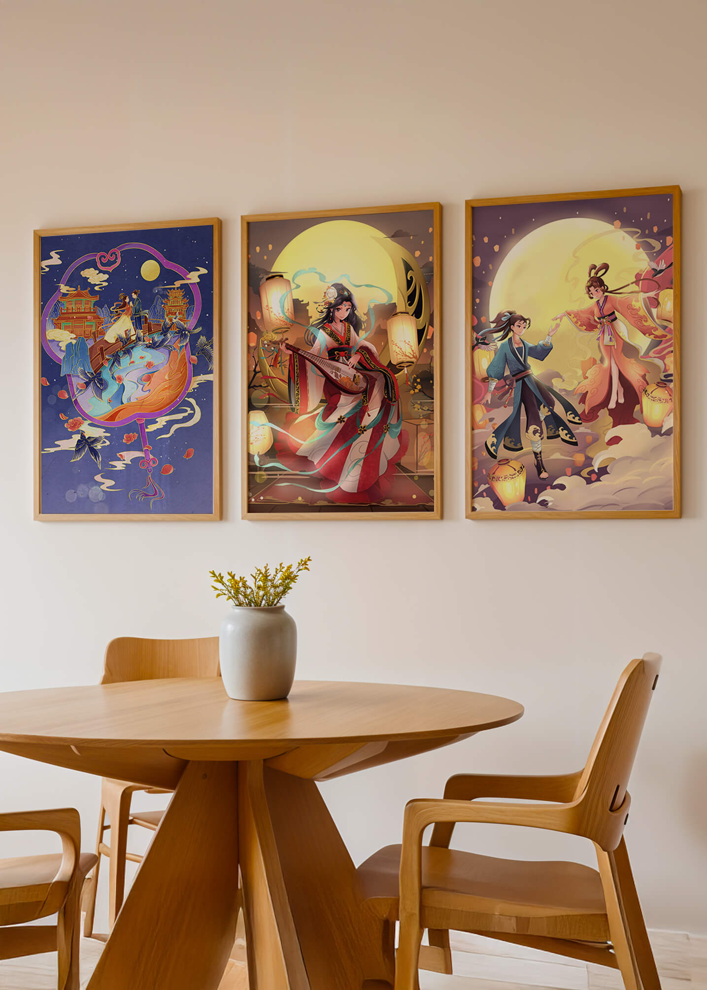 Triptyque de posters à thème oriental et pleine lune
