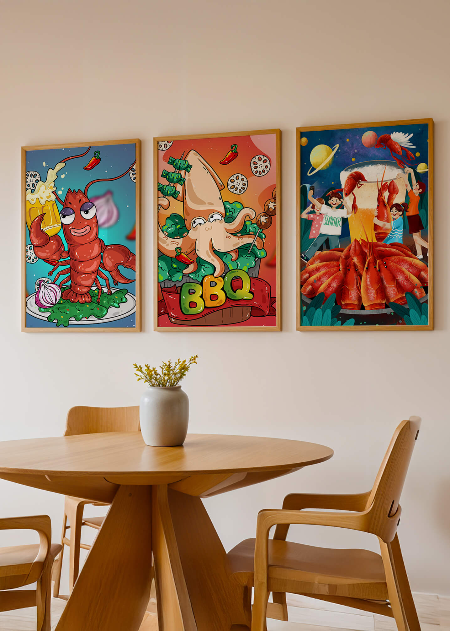 Illustrations amusantes de fruits de mer sur le thème de l’espace et du barbecue