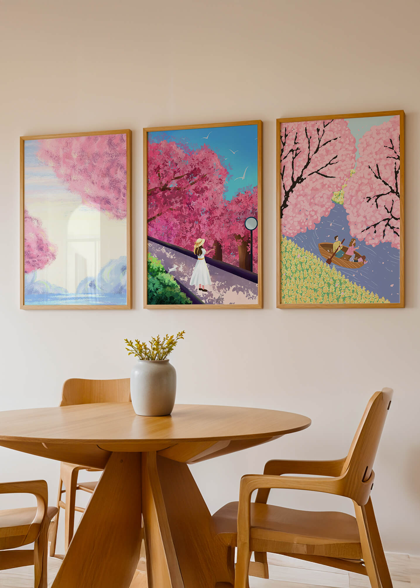 Peintures de fleurs de cerisier encadrées avec de magnifiques paysages