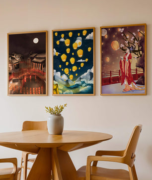 Ensemble de toiles avec éléments asiatiques et lanternes lumineuses