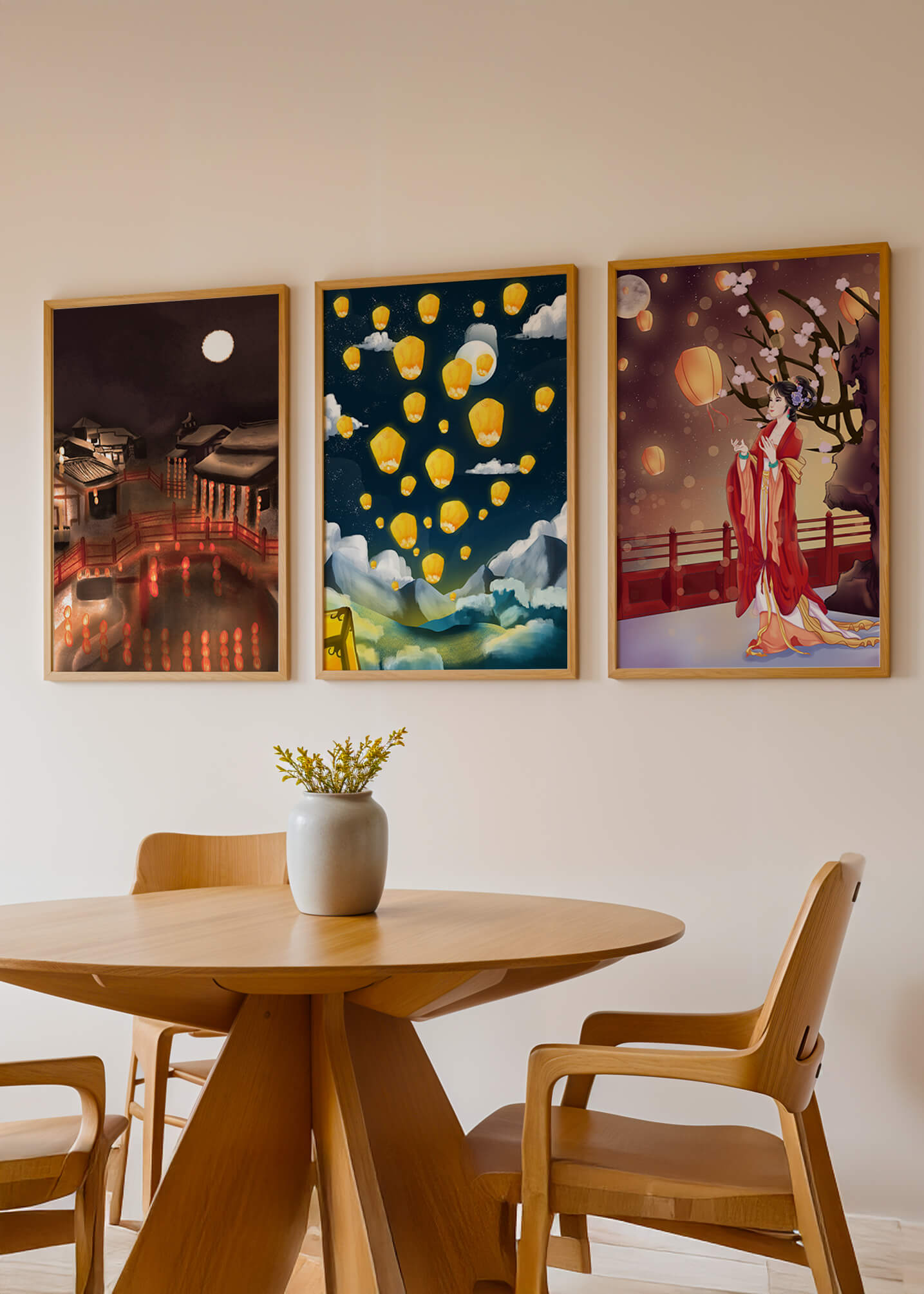 Ensemble de toiles avec éléments asiatiques et lanternes lumineuses