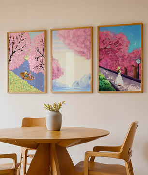 Ensemble de trois œuvres d'art avec des cerisiers