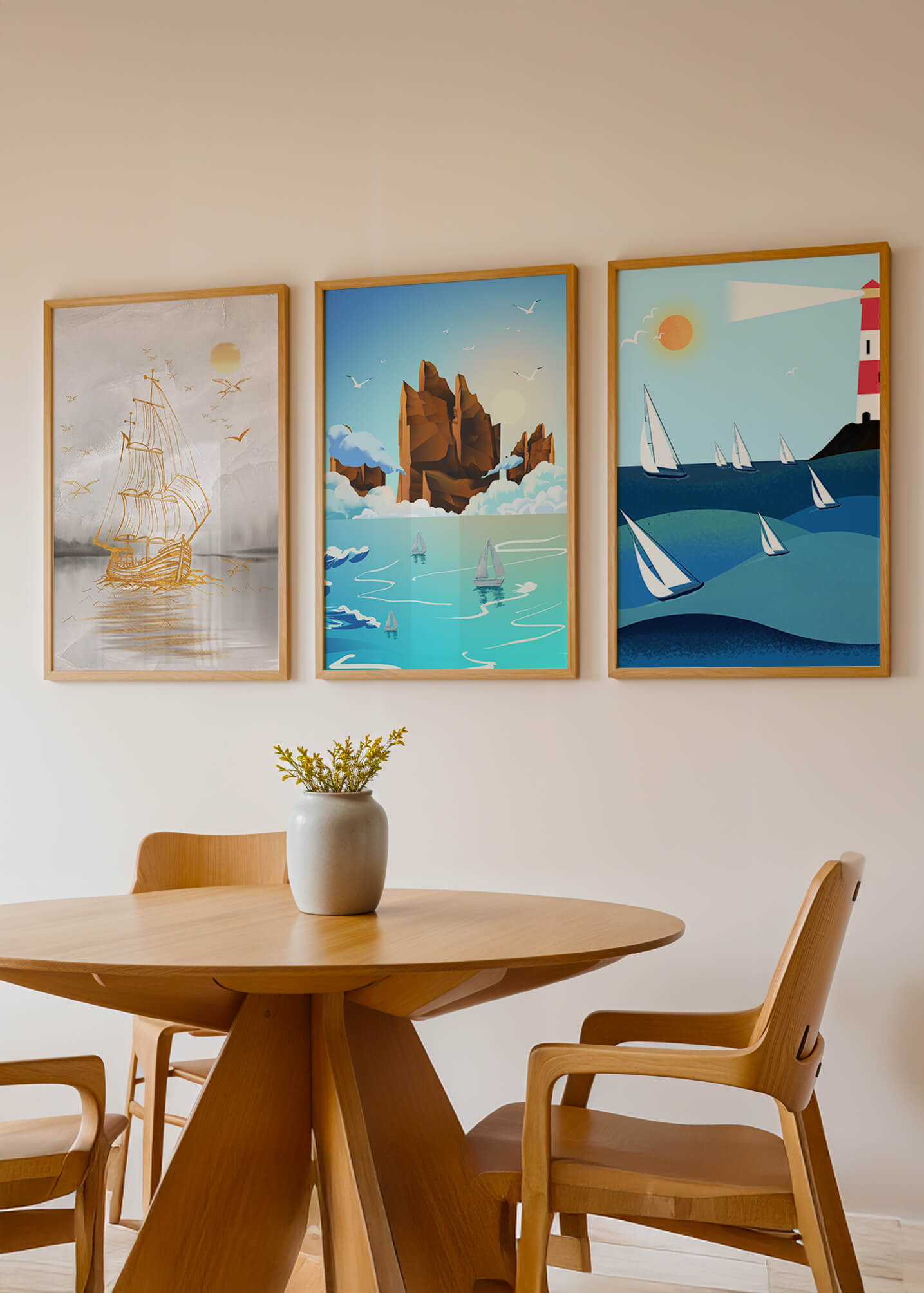 Triptyque de paysages marins avec bateaux et phare