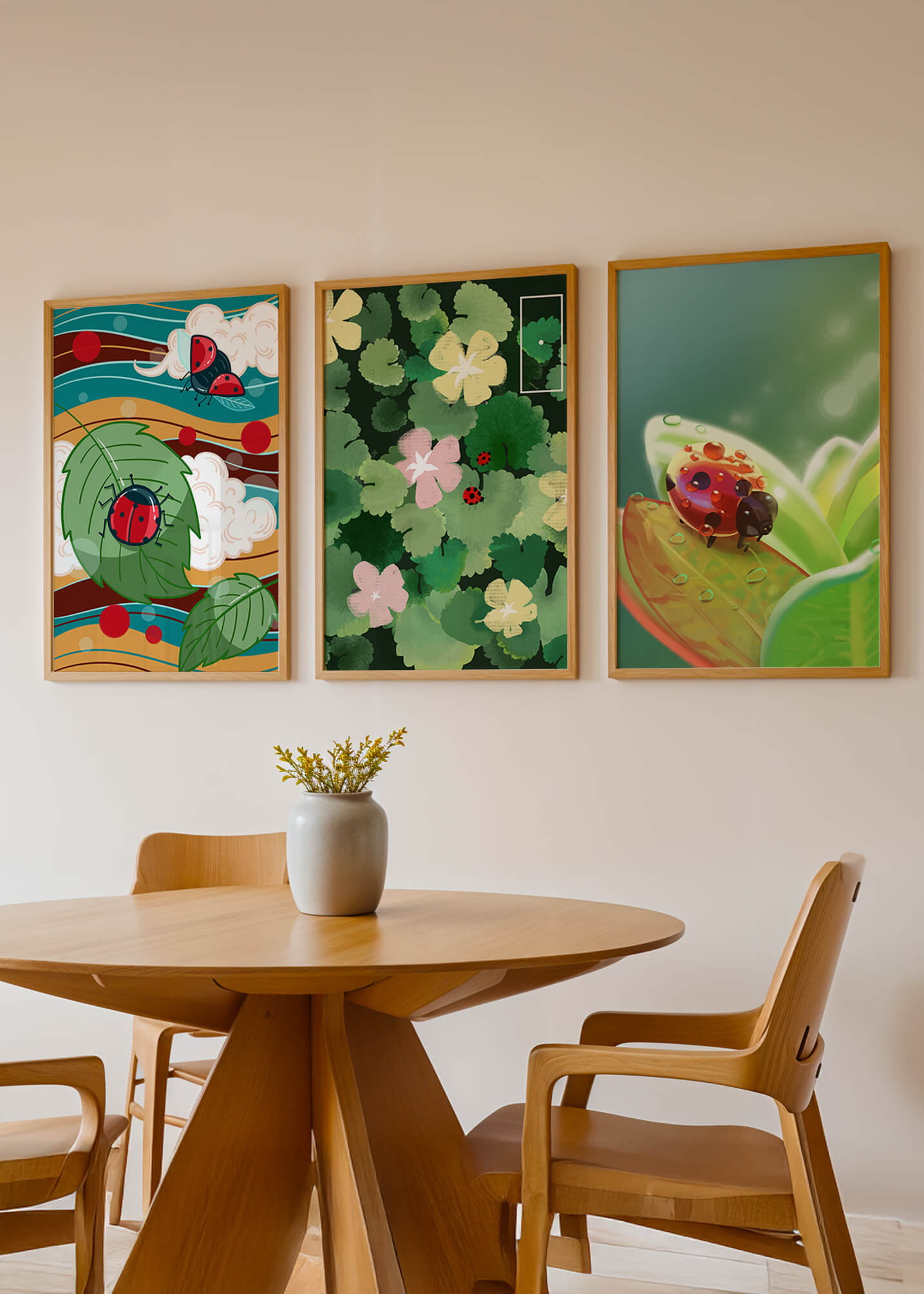 Tríptico De Mariquitas En Estilo Natural Moderno