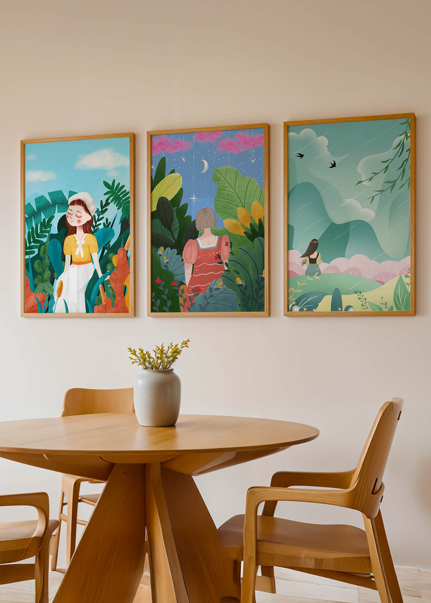 Conjunto De Tres Obras De Arte Coloridas Con Paisajes Naturales Y Figuras Humanas