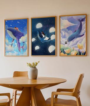 Impressions artistiques de baleines dans un style fantastique