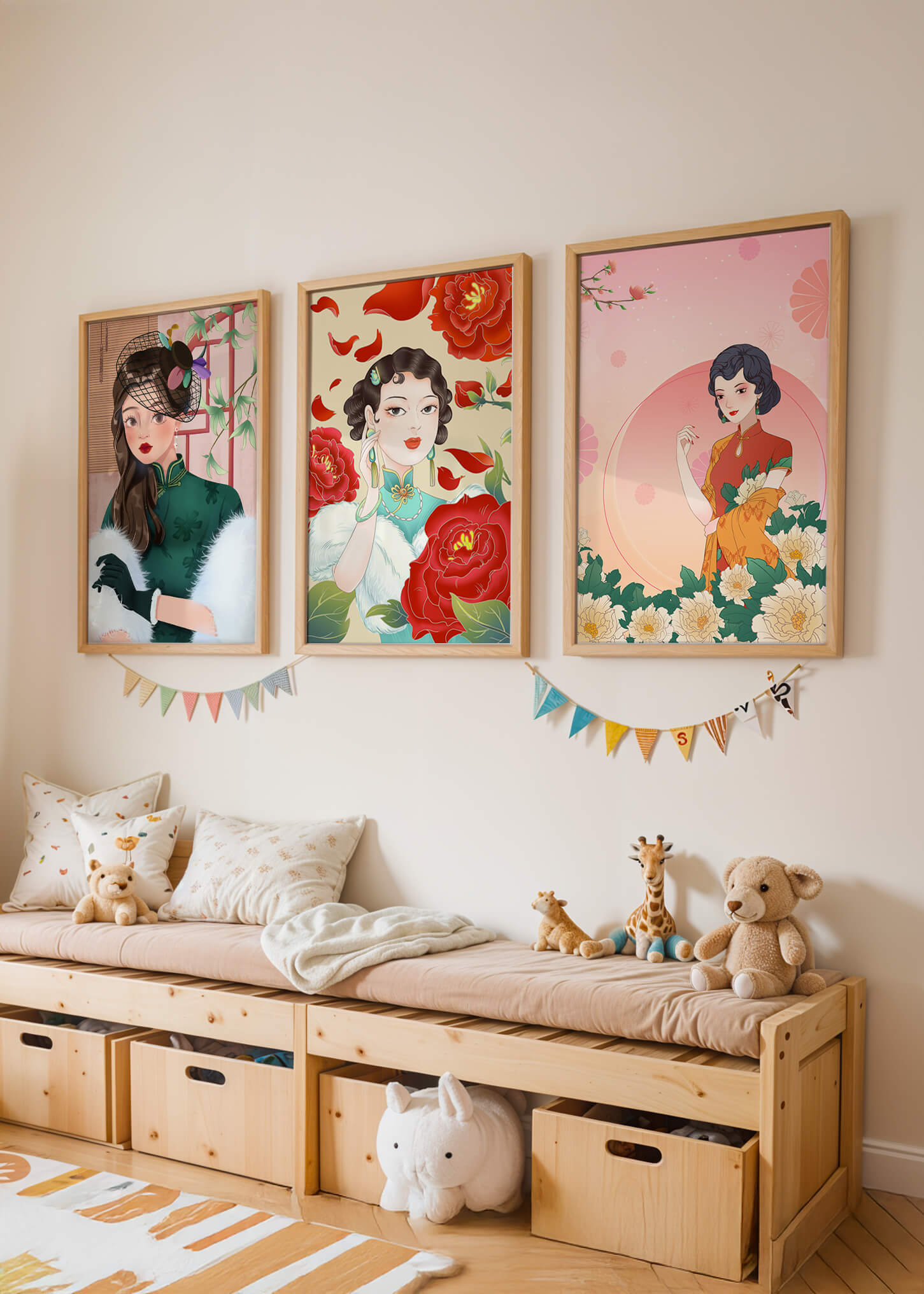 Conjunto De Impresiones Artísticas Inspiradas En Moda Asiática Con Elementos De Flores