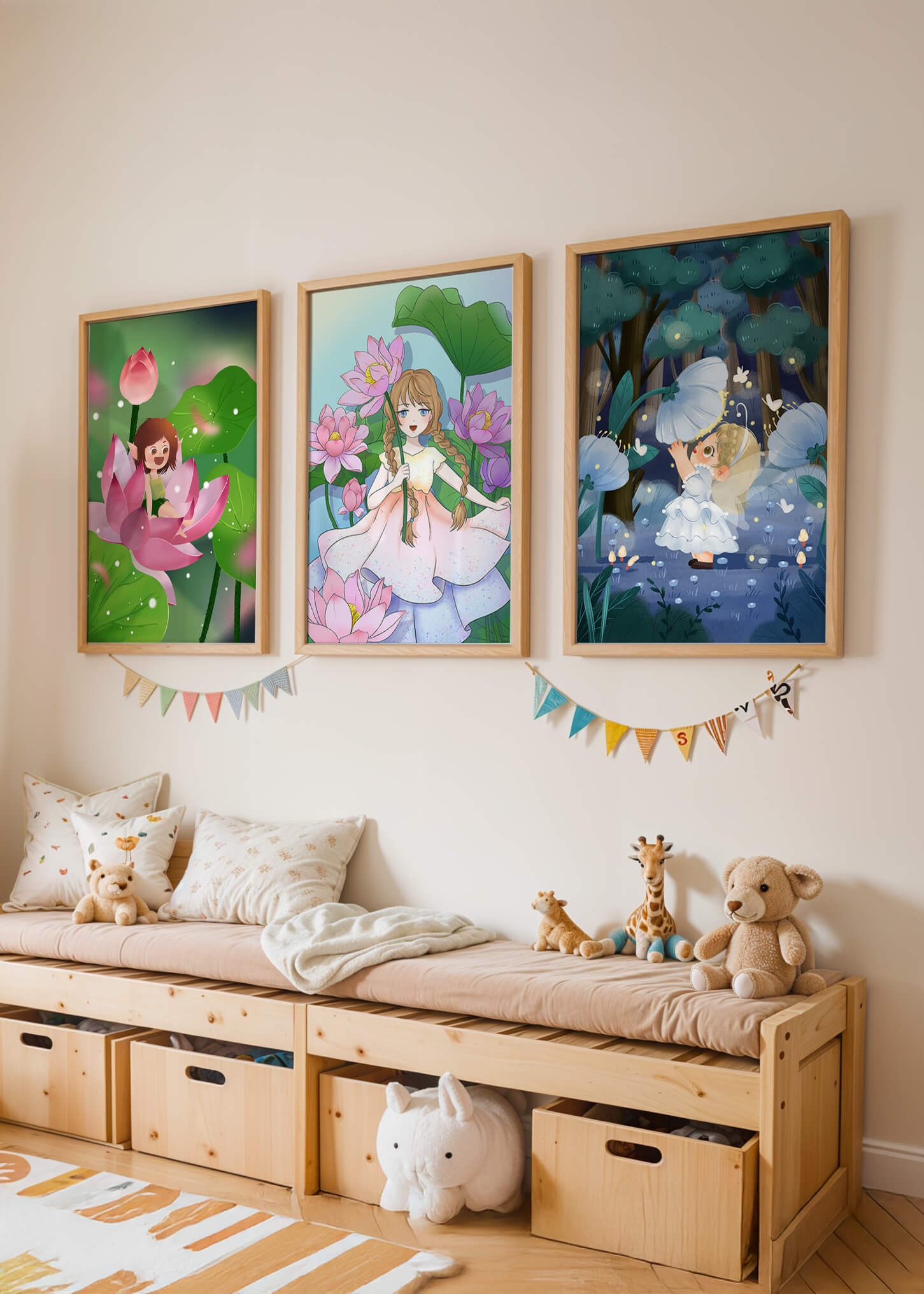 Triptyque enfantin d'art fantastique avec des filles parmi les fleurs