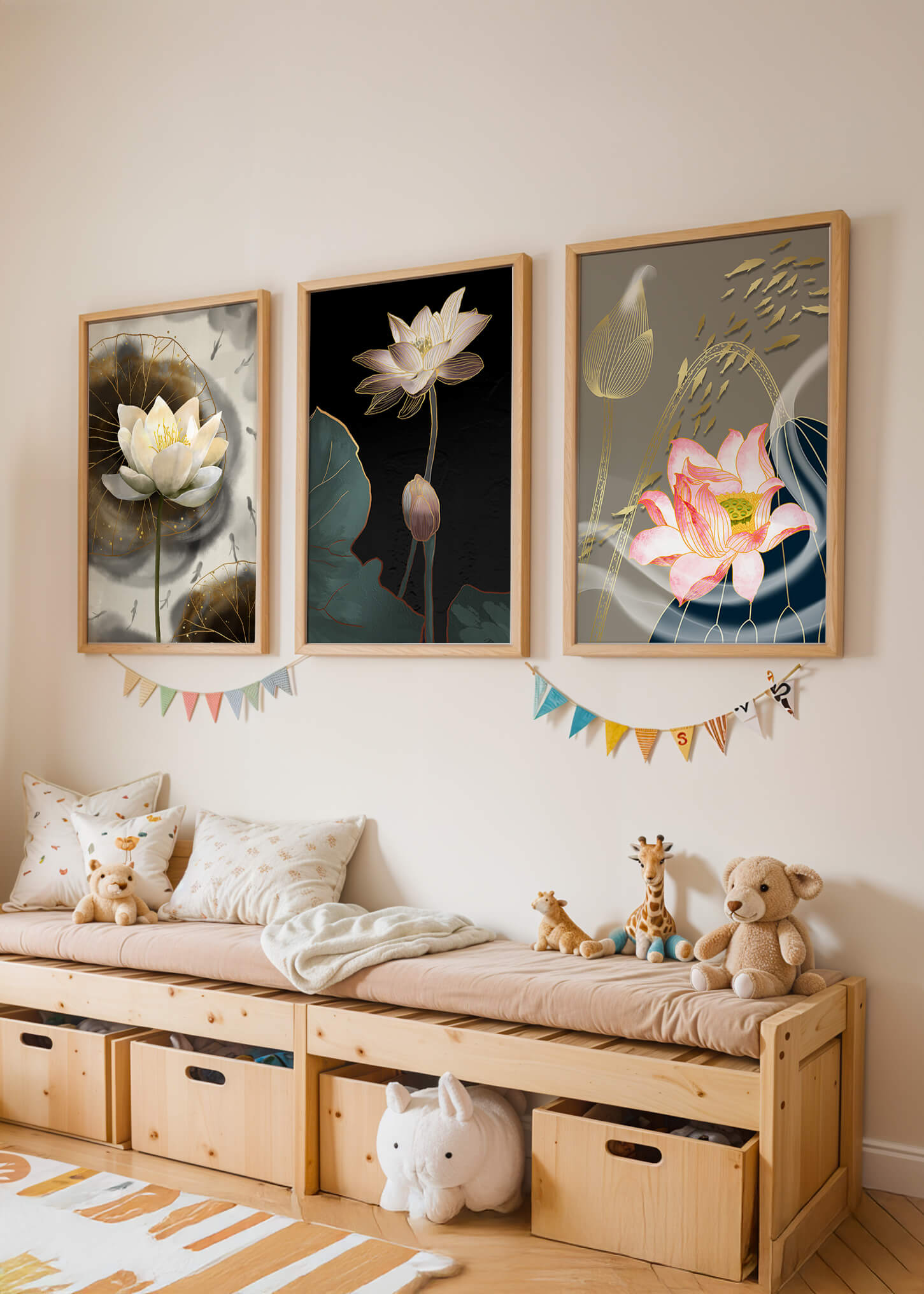 Impressions élégantes de fleurs de lotus avec finition dorée