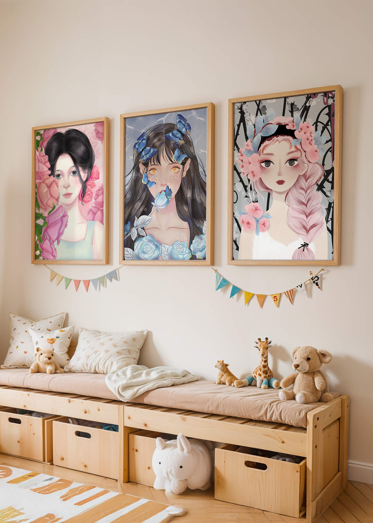 Pinturas De Retratos Femeninos Con Flores Y Mariposas