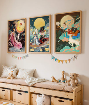 Peintures fantastiques avec lune pleine et personnages mythologiques