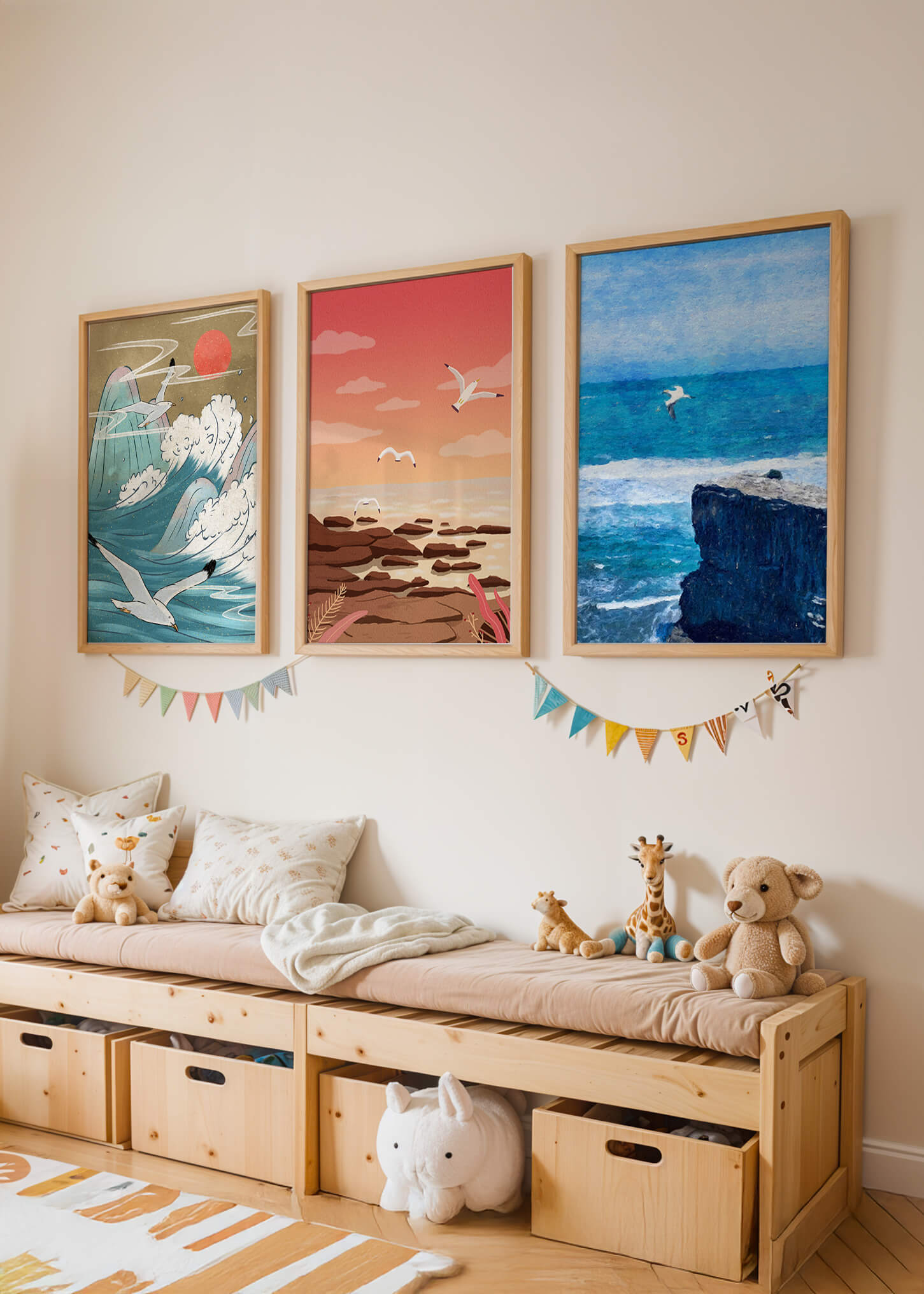 Tríptico de Paisajes Marinos con Aves