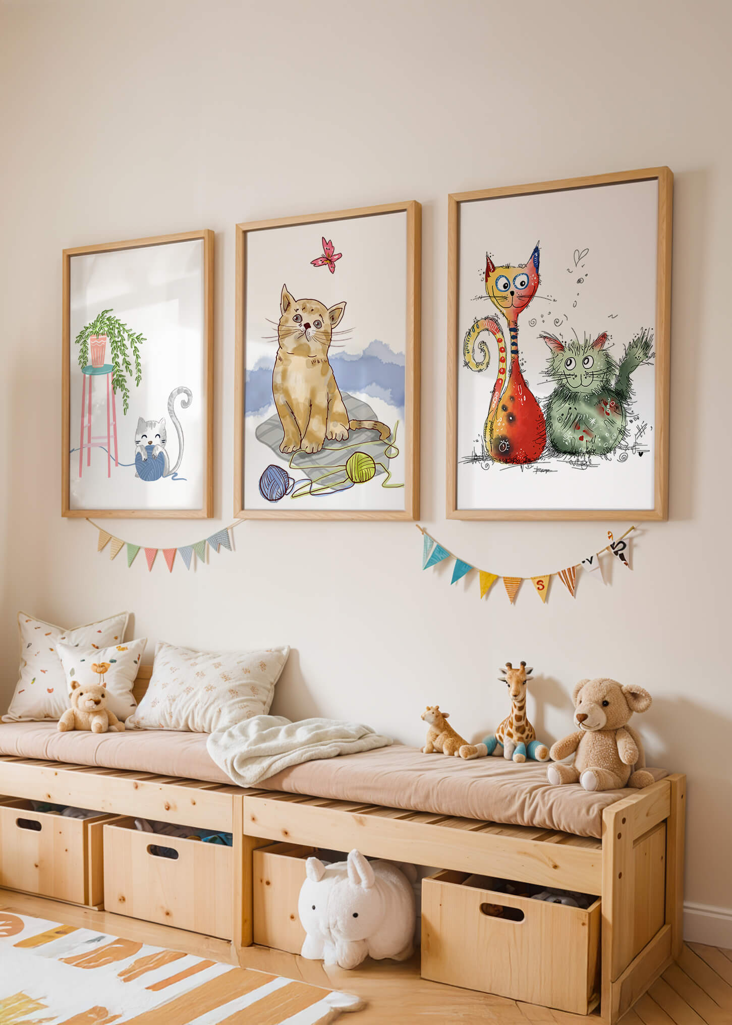 Art illustré de chats dans des cadres en bois