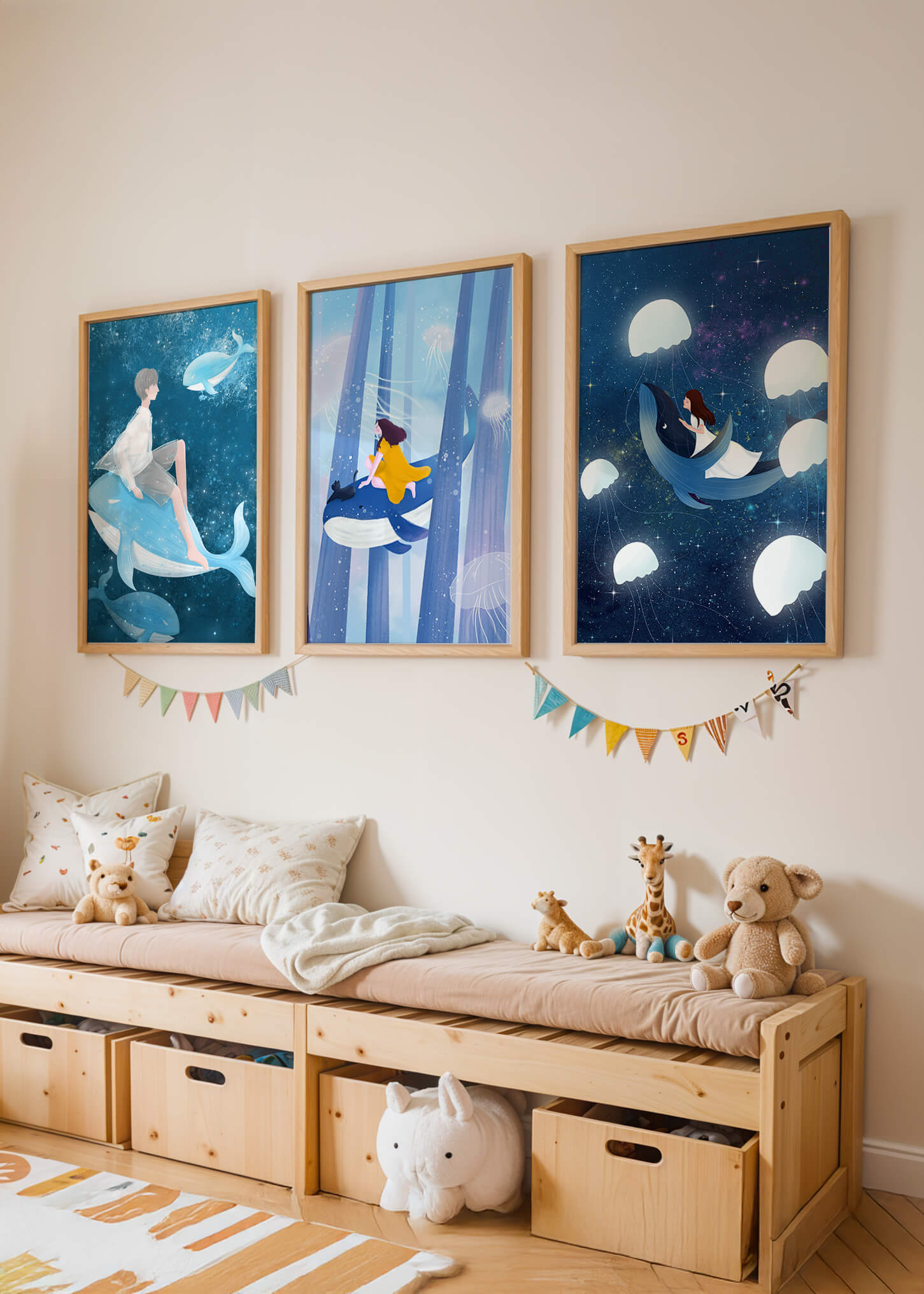 Ensemble d'illustrations de baleines volantes et de figures humaines dans un environnement cosmique