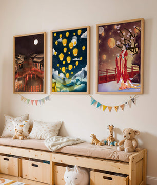 Ensemble de toiles avec éléments asiatiques et lanternes lumineuses